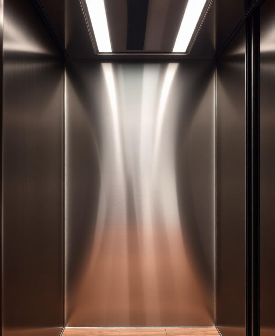 Elevator cabin interior finished in brushed stainless steel with LED ceiling lighting