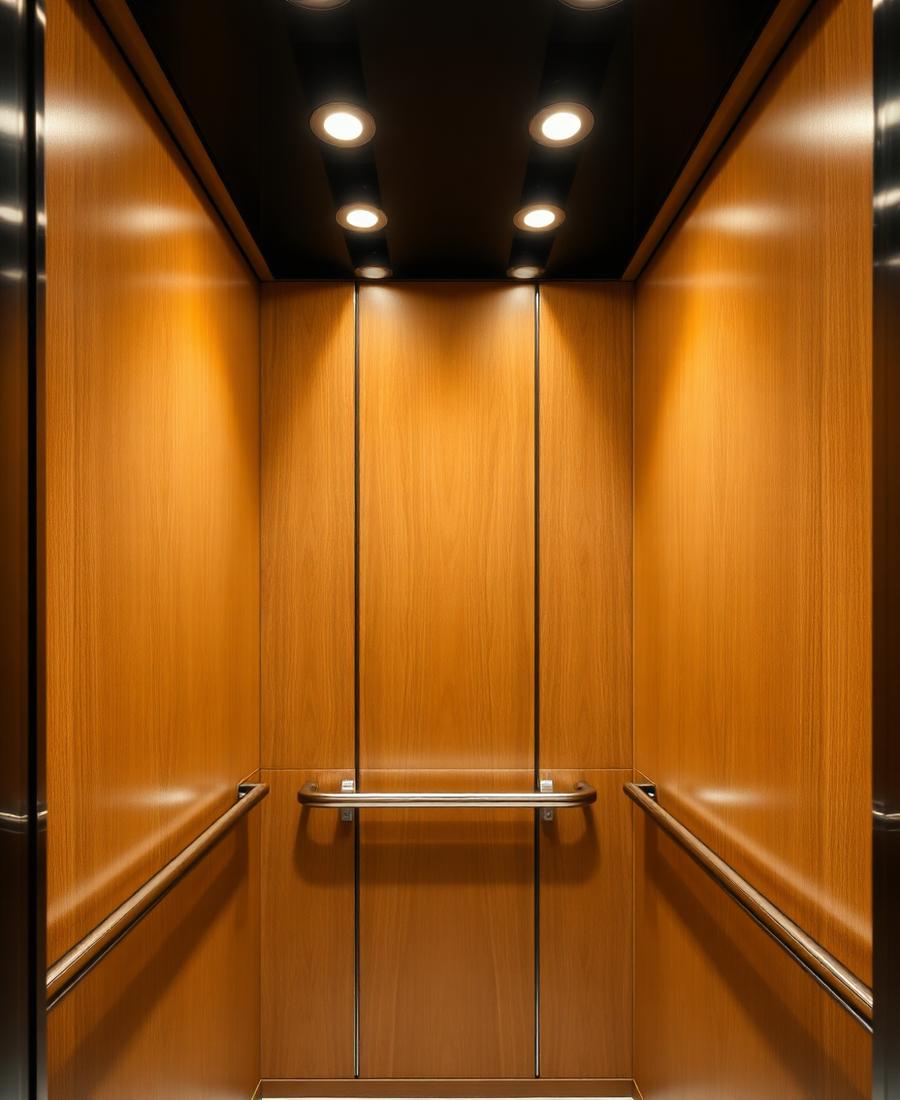 Elevator cabin interior with oak wood wall panels and stainless handrail