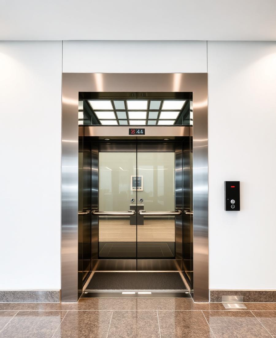 Automatic stainless steel elevator landing doors in a healthcare building lobby