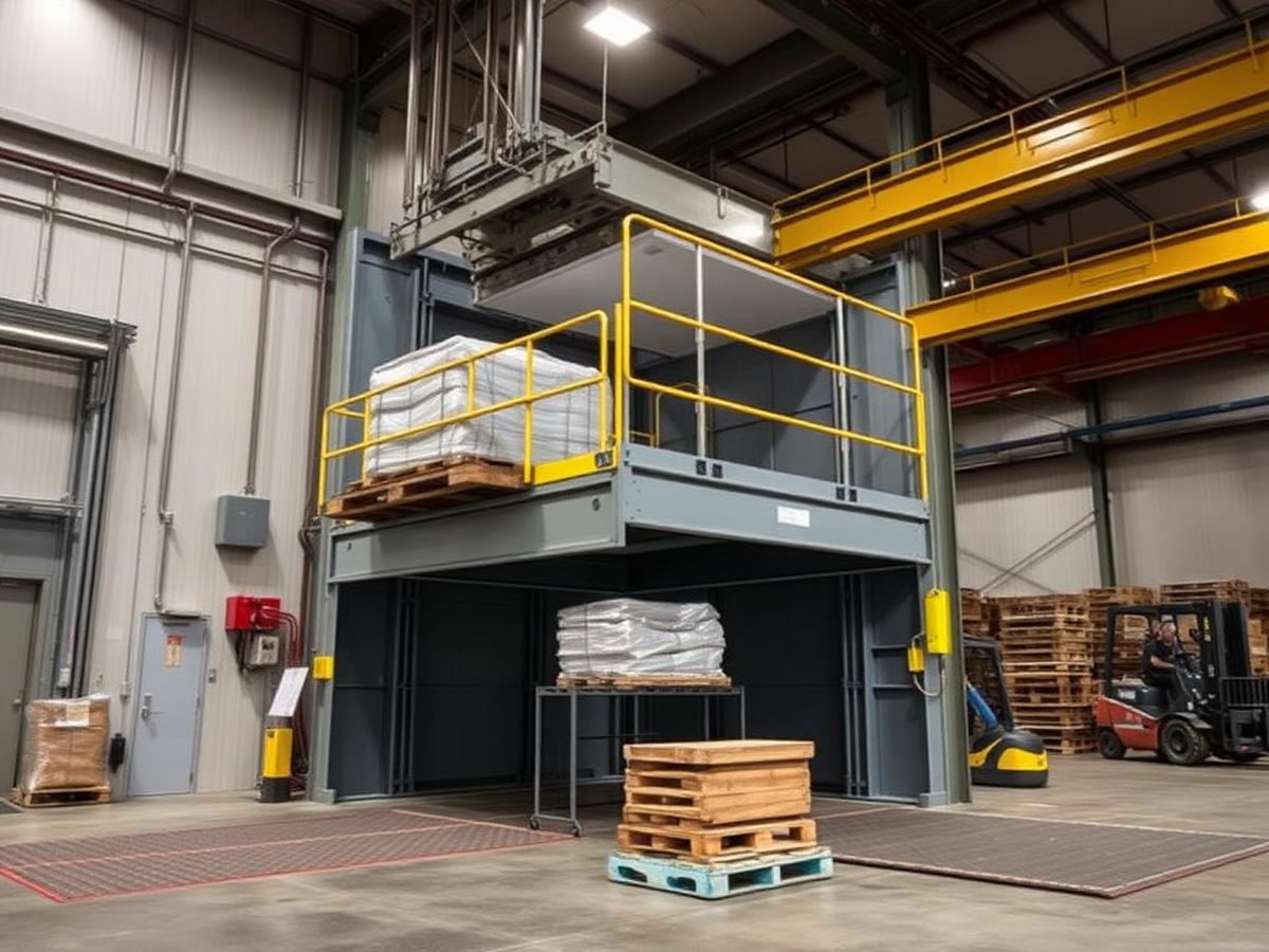 Industrial goods elevator platform carrying pallets inside a warehouse