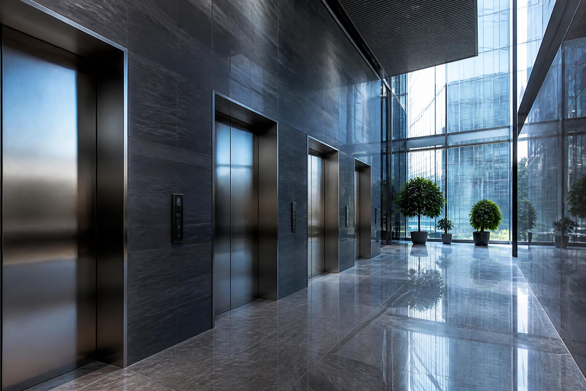 Stainless steel elevator doors in the lobby of a modern commercial building