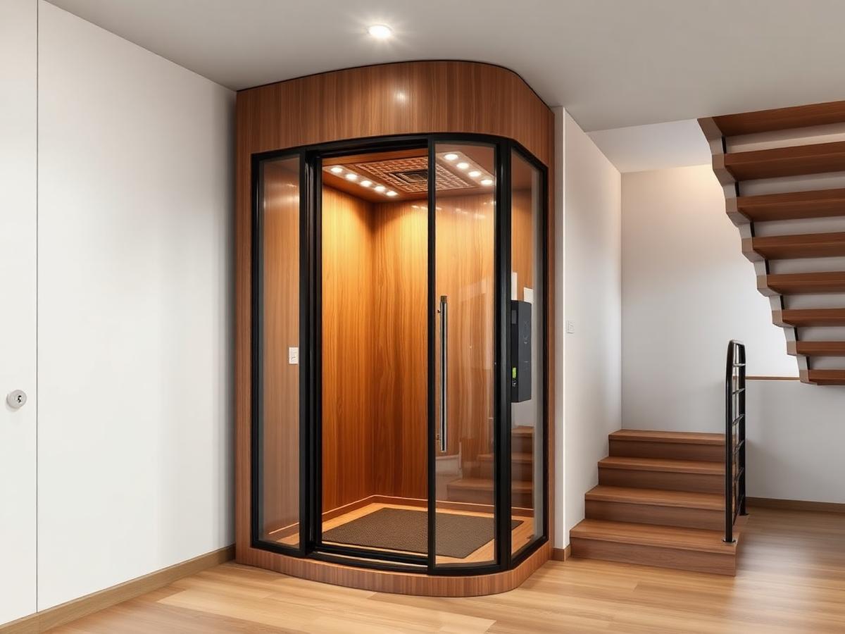 Compact home elevator with glass doors installed beside a staircase in a modern residence