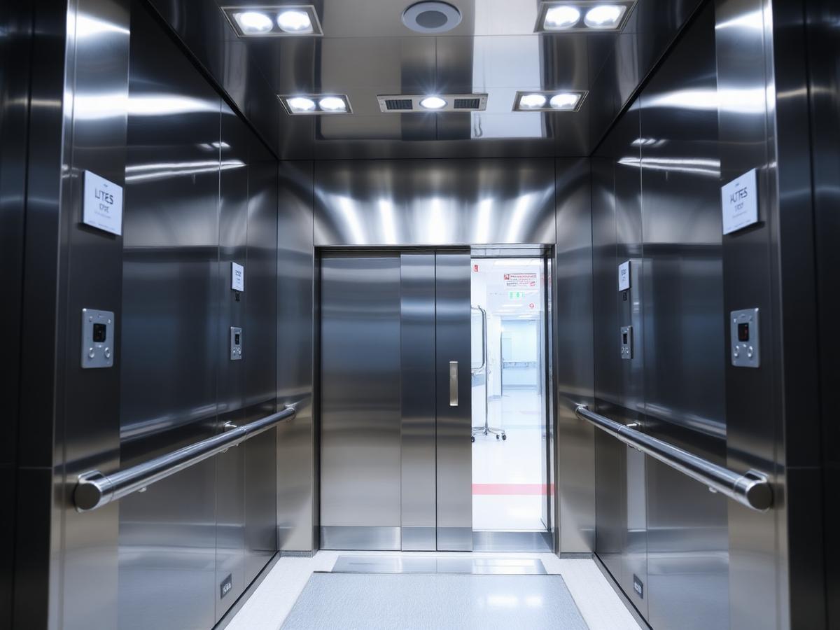 Wide hospital elevator cabin with stainless steel walls and handrails