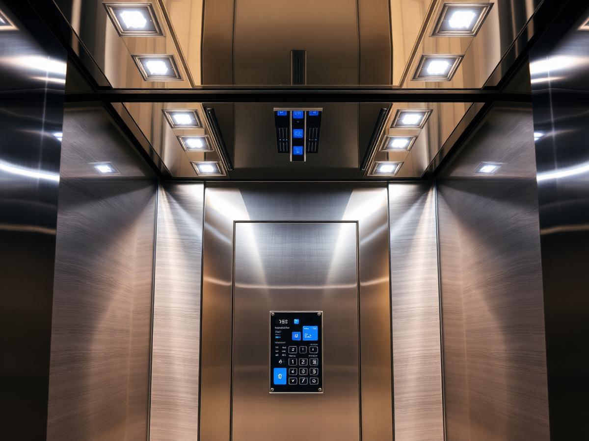 Stainless steel passenger elevator cabin interior with touch control panel