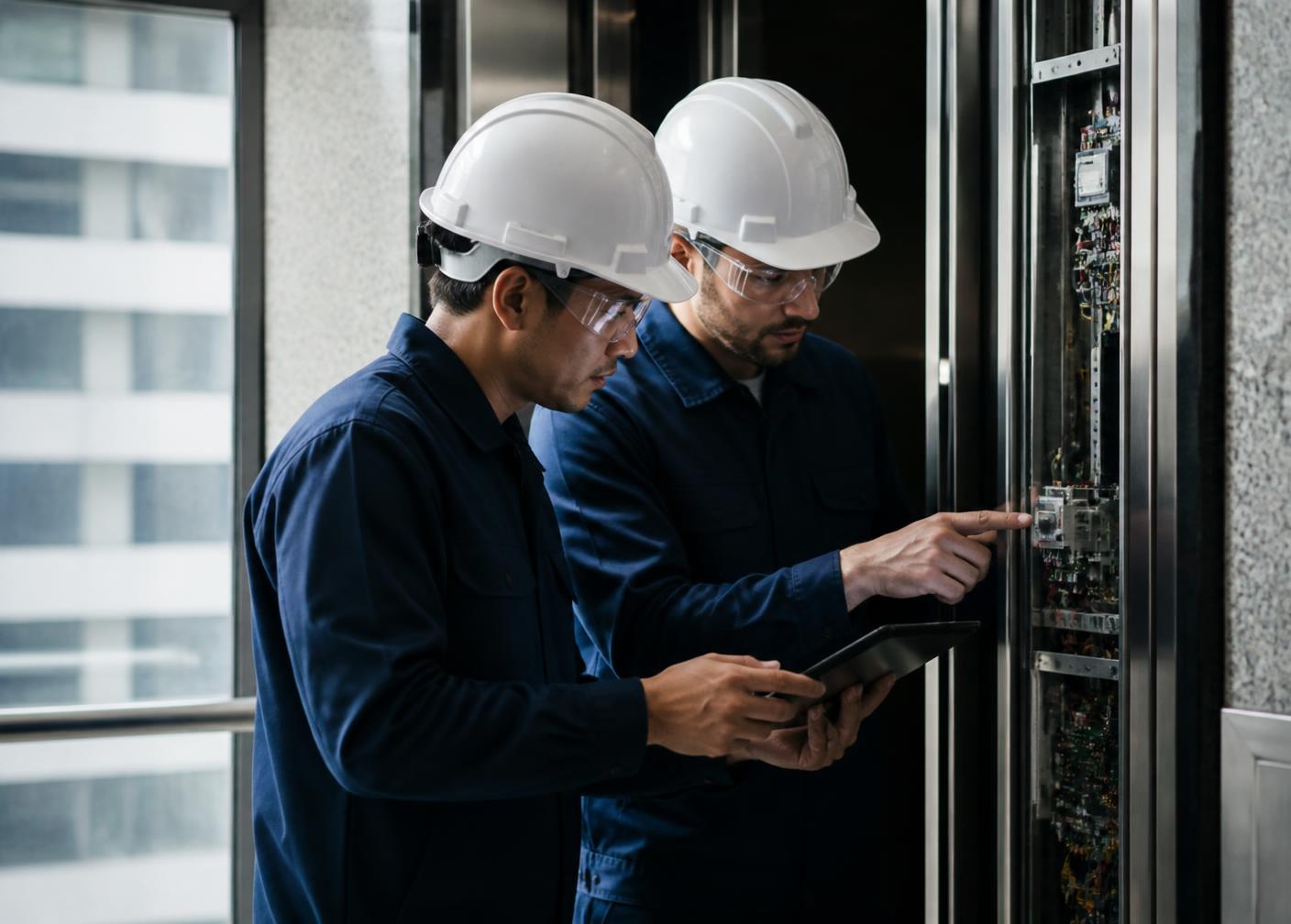 Two elevator technicians checking a lift controller during a maintenance visit