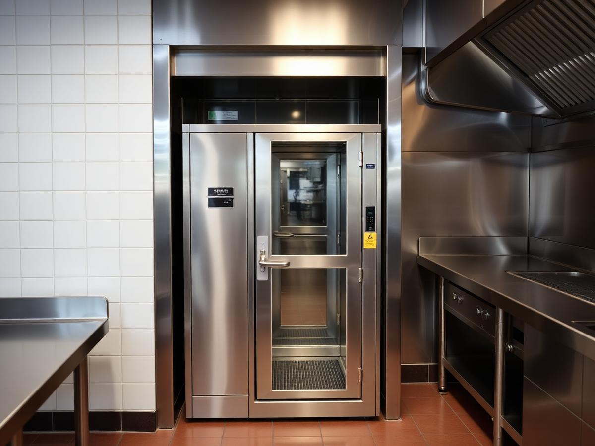 Stainless steel service lift set into a commercial kitchen wall