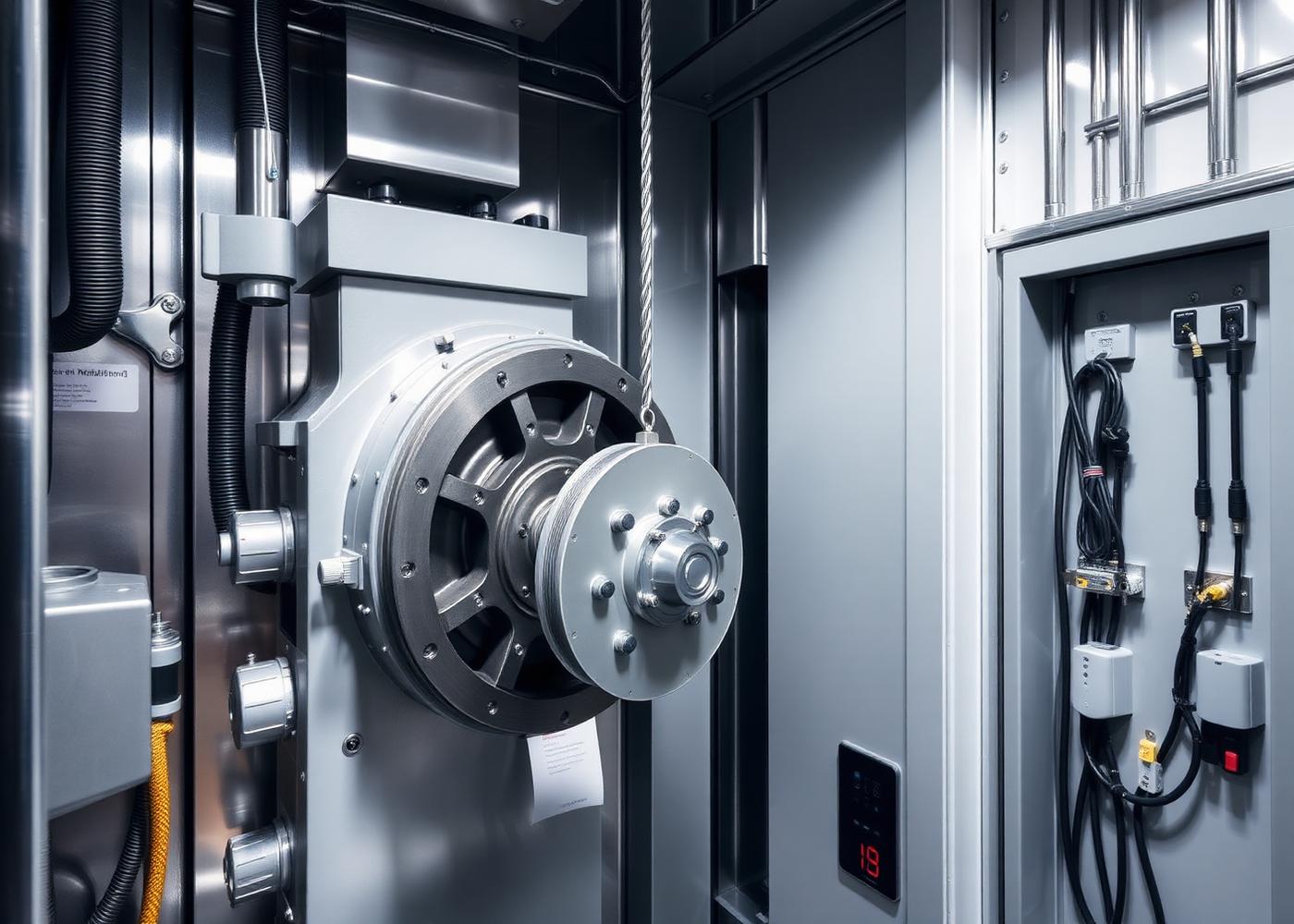 Gearless traction machine and control cabinet inside an elevator machine room
